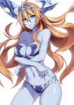  ass_visible_through_thighs bikini blonde_hair blue_eyes blue_skin blush breast_hold breasts cowboy_shot crossed_arms demon_girl floating_hair hera-is_(p&amp;d) hera_(p&amp;d) highres horns large_breasts long_hair looking_at_viewer navel pointy_ears puzzle_&amp;_dragons solo swimsuit zeroshiki_kouichi 