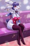  1girl black_legwear bunnysuit cleavage female furry legwear melonleaf open_mouth purple_hair rabbit red_eyes short_hair sitting solo thighhighs 