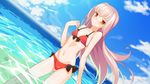 bikini blush bow_bikini breasts cloud contrapposto day dutch_angle game_cg long_hair looking_at_viewer navel orange_eyes outdoors pink_hair red_bikini small_breasts smile solo sparkle standing swimsuit tengoku_hime_2 very_long_hair wading yangsion 