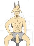  abs anthro big_penis boxers_(clothing) caprine cartoon_network chair clothed clothing computer desk front_view fur goat half-erect hand_on_thigh humanoid_penis looking_at_viewer luigiman male mammal office_chair penis penis_through_fly poking_out pose precum precum_string regular_show simple_background sitting smile smirk solo thick_penis thomas topless underwear vein 