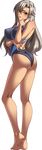  ass bare_shoulders barefoot blush competition_swimsuit dark_skin full_body hair_between_eyes highleg highleg_swimsuit highres kagami_hirotaka lipstick long_hair looking_at_viewer makeup mesu_kyoushi_3 mizusawa_chisato mole mole_under_eye one-piece_swimsuit open_mouth silver_hair solo standing swimsuit transparent_background yellow_eyes 