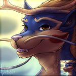  2016 antlers blue_fur digital_media_(artwork) dragon eastern_dragon fangs fur haidragon_(character) horn male mane omesore orange_eyes pink_nose portrait simple_background smile solo teeth whiskers 