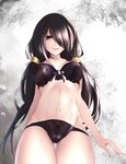  ass_visible_through_thighs black_bra black_hair black_panties bra breasts date_a_live groin hair_over_one_eye highres lace lace_bra large_breasts legs long_hair looking_at_viewer mrnn navel panties red_eyes smile solo thigh_gap tokisaki_kurumi twintails underwear 