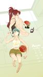  absurdres bare_shoulders barefoot blue_hair calendar_(medium) casual commentary_request food fruit fruit_cup handheld_game_console highres kashou_(843147128) lap_pillow long_hair mahou_shoujo_madoka_magica miki_sayaka multiple_girls nintendo_ds ponytail red_eyes red_hair sakura_kyouko shorts sleeping spoon watermelon yuri 