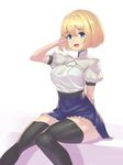  adjusting_hair belt black_legwear blonde_hair blue_eyes blue_skirt frilled_skirt frills high-waist_skirt highres looking_at_viewer nadare-san_(nadare3nwm) open_mouth phalanx_(sekaiju) sekaiju_no_meikyuu sekaiju_no_meikyuu_3 short_hair sitting skirt smile solo thighhighs zettai_ryouiki 