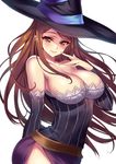  bare_shoulders blush breasts brown_eyes brown_hair cleavage collarbone detached_sleeves dragon's_crown dress gan_(shanimuni) hat highres large_breasts lips long_hair looking_at_viewer side_slit simple_background smile solo sorceress_(dragon's_crown) strapless strapless_dress striped vertical_stripes white_background witch_hat 