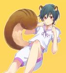  1boy green_hair high_speed! kirishima_ikuya male_focus raipanda red_eyes ribbon sailor_uniform short_hair shorts simple_background solo squirrel_ears squirrel_tail 