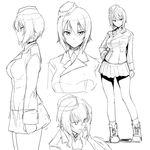  boots breasts character_sheet contrapposto cowboy_shot expressionless garrison_cap girls_und_panzer greyscale hand_on_hip harukon_(halcon) hat highres kuromorimine_military_uniform large_breasts military military_uniform monochrome multiple_views nishizumi_maho open_mouth profile short_hair sketch standing uniform white_background 