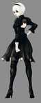  back_cutout black_dress blindfold commentary_request dress from_behind full_body hairband hand_on_hip high_heels md5_mismatch mole mole_under_mouth nier_(series) nier_automata puffy_sleeves short_hair simple_background solo thighhighs tomioka_aru white_hair yorha_no._2_type_b 