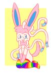  2016 ambiguous_gender anthro blue_eyes blush chabooey eeveelution eyewear fur glasses nintendo open_mouth pok&eacute;mon rainbow_socks sitting_on_knees solo sylveon video_games 