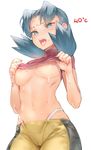  areolae blue_eyes blue_hair blush breasts cameltoe cowboy_shot crystal_(pokemon) highleg highleg_panties hot medium_breasts naso4 navel no_bra open_mouth panties pokemon pokemon_(game) pokemon_gsc shirt_lift simple_background solo sweat underwear white_background white_panties 