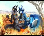  anthro black_nose blue_fur blue_hair breasts canine day demon detailed_background duo ear_piercing fox fur grass hair horn jewelry kneeling mammal midriff multi_tail navel necklace nipples outside piercing red_eyes smile sora sorafoxyteils white_hair wide_hips 