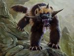  claws feral front_view horn lars_grant-west looking_at_viewer magic_the_gathering mammal official_art open_mouth rock sharp_teeth signature snarling standing teeth url 