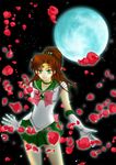  1girl artist_request bishoujo_senshi_sailor_moon breasts brown_hair choker circlet gloves green_eyes hair_bobbles kino_makoto long_hair looking_at_viewer magical_girl medium_breasts moon night petals ponytail ribbon sailor_jupiter school_uniform serafuku skirt star white_gloves 