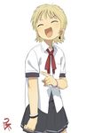  1girl :d blonde_hair bracelet earrings eyes_closed fang female laughing open_mouth original pointing satsuyo short_hair simple_background single_earring skirt solo white_background 