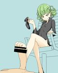  1girl bar_censor black_dress breasts censored chair crossed_legs curly_hair dress feet footjob green_eyes green_hair hetero holding holding_shoes ishinoyari office_chair one-punch_man shoes shoes_removed simple_background sitting small_breasts solo_focus tatsumaki 