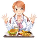 blush breasts brown_eyes brown_hair chicken_nuggets cleavage doughnut drill_hair drink fast_food food french_fries hamburger houjou_karen idolmaster idolmaster_cinderella_girls jewelry kazu large_breasts long_hair necklace open_mouth school_uniform simple_background smile solo twin_drills twintails upper_body 