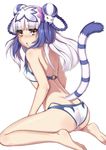  :o animal_ears ass bangs barefoot between_legs bikini blunt_bangs breasts cat_ears double_bun eyebrows eyebrows_visible_through_hair from_behind hair_ornament hairpin haku_(p&amp;d) hand_between_legs highres looking_at_viewer looking_back open_mouth purple_hair puzzle_&amp;_dragons simple_background sitting small_breasts soles solo swimsuit toes tsurime two-tone_background wariza white_background white_bikini white_hair zeroshiki_kouichi 