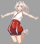  bare_shoulders brown_eyes collarbone full_body hachimaki headband high_ponytail japanese_clothes jonylaser kantai_collection outstretched_arms pants parted_lips red_pants silver_hair sleeveless smile socks solo spread_arms white_legwear zuihou_(kantai_collection) 