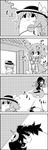  4koma :d ahoge animal_ears asymmetrical_wings bow broom c: comic commentary dog_ears dog_tail futatsuiwa_mamizou gate greyscale hat hat_bow highres holding houjuu_nue kasodani_kyouko komeiji_koishi leaf leaf_on_head monochrome multiple_girls open_mouth short_hair smile sweeping tail tani_takeshi thighhighs third_eye touhou translated ufo wings yukkuri_shiteitte_ne zettai_ryouiki 