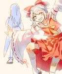  1other absurdres androgynous bow coat cosplay costume_switch crossover detached_sleeves hair_bow hair_tubes hakurei_reimu hakurei_reimu_(cosplay) highres houlen_yabusame houlen_yabusame_(cosplay) len'en short_hair sidelocks silver_eyes silver_hair smile tied_hair touhou trait_connection wei_li 