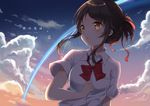  :o blush bow bowtie braid brown_eyes brown_hair collared_shirt comet commentary_request copyright_name floating_hair hand_up highres kimi_no_na_wa looking_to_the_side miyamizu_mitsuha night night_sky parted_lips ponytail red_bow red_neckwear red_string school_uniform shiino_sera shirt shooting_star short_sleeves sidelocks sky solo string tears twilight white_shirt 