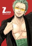  1boy 2012 artist_request character_name earrings green_hair haramaki male_focus one-eyed one_piece open_clothes open_mouth open_shirt roronoa_zoro scar solo sunglasses tongue_out 