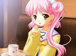  1girl blush brown_eyes clothes game_cg loli mug open_mouth oshikake!_entremets_(game) pink_hair plate solo 