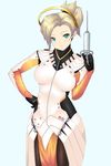  blonde_hair blue_background blue_eyes bodysuit breasts brown_legwear cowboy_shot hand_on_hip high_ponytail highres holding large_breasts light_smile long_hair looking_at_viewer mechanical_halo mercy_(overwatch) no_wings overwatch pantyhose pelvic_curtain ponytail simple_background solo swiss_flag syringe tonaitoo 