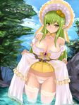  alternate_costume ass_visible_through_thighs blurry breasts cleavage cloud collarbone criss-cross_halter day depth_of_field detached_sleeves dress dress_lift elf elsword flower forest green_eyes green_hair hair_flower hair_ornament halterneck hat large_breasts long_hair looking_at_viewer nature off-shoulder_dress off_shoulder outdoors pointy_ears rena_(elsword) ribbon rock rose shaojiang sidelocks solo thighhighs thighs tree victorian water white_legwear yellow_flower yellow_ribbon yellow_rose 