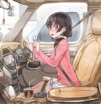  alternate_hairstyle bendy_straw blush car car_interior cup disposable_cup drinking_straw driving eyewear_on_head from_side ground_vehicle hair_ornament hair_over_shoulder hair_scrunchie hand_up highres long_hair long_sleeves looking_at_viewer love_live! love_live!_school_idol_project low_ponytail mini_cooper motor_vehicle nose_blush open_mouth pink_eyes pink_shirt pleated_skirt rear-view_mirror right-hand_drive scrunchie seat seatbelt shirt sitting skirt solo steering_wheel sunglasses teeth traffic_light vehicle_interior white_skirt yazawa_nico yohan1754 