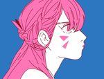  alternate_hairstyle bare_shoulders blue_background braid closed_mouth d.va_(overwatch) facepaint facial_mark french_braid from_side hu_(saimens) long_hair overwatch pink_eyes pink_hair pink_lips profile simple_background solo spot_color whisker_markings 