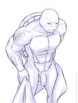  anthro balls blue_and_white dripping flaccid front_view humanoid_penis leonardo_(tmnt) male monochrome msobscure muscular penis reptile scalie solo standing tattoo teenage_mutant_ninja_turtles towel turtle uncut wet 