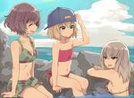  akiyama_yukari backwards_hat bandeau baseball_cap bikini bikini_skirt black_hair blue_eyes brown_hair camouflage camouflage_bikini closed_eyes flat_chest girls_und_panzer hair_through_headwear hand_on_headwear hat itsumi_erika katyusha long_hair monsieur multiple_girls print_bikini red_bandeau red_bikini short_hair side-tie_bikini strapless swimsuit water yellow_bikini 