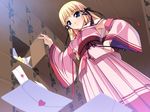  1girl blonde_hair blue_eyes clothes game_cg heart hime_to_majin_to_koi_suru_tamashii_(game) letter love_letter solo 