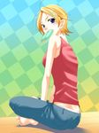  1girl blonde_hair breasts jeans kaga_akari kimi_no_iru_machi panties panty_slip pink_panties popsicle seo_kouji sexually_suggestive short_hair 