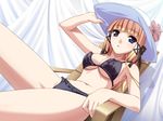  1girl bikini blonde_hair blue_eyes breasts game_cg hat hime_to_majin_to_koi_suru_tamashii_(game) solo swimsuit 