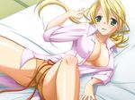  1girl bed blonde_hair blush breasts cleavage clothes crotch erect_nipples game_cg green_eyes indoors large_breasts long_hair looking_at_viewer lying no_bra on_back open_clothes open_mouth open_shirt oshikake!_entremets_(game) shirt solo spread_legs tatami 