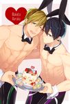  2boys black_hair blue_eyes brown_hair bunny_ears cake character_name detached_collar detached_sleeves food free! gesshi green_eyes looking_at_viewer male_focus multiple_boys muscle nanase_haruka_(free!) open_mouth short_hair simple_background standing swim_trunks tachibana_makoto topless tray wink 