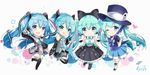  aqua_eyes aqua_hair artist_name blue_eyes blue_hair chibi commentary_request detached_sleeves gloves hat hatsune_miku highres holding_hands k.syo.e+ long_hair magical_mirai_(vocaloid) multiple_girls necktie one_eye_closed open_mouth skirt smile thighhighs twintails v very_long_hair vocaloid white_gloves 
