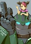 1girl autobot black_hair blue_eyes bulkhead glowing glowing_eyes kamizono_(spookyhouse) machinery mecha miko_nakadai multicolored_hair pink_hair ponytail robot short_hair short_twintails size_difference smile transformers transformers_prime twintails twitter_username 