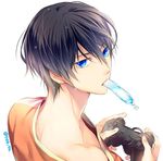  1boy black_hair blue_eyes controller exposed_shoulder free! ice_cream looking_at_viewer male_focus nanase_haruka_(free!) short_hair twitter_username wet 