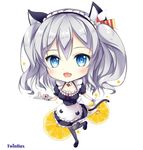  animal_ears apron black_dress black_legwear blue_eyes blush cat_ears cat_tail chibi commentary_request cup dress fang food frills kantai_collection kashima_(kantai_collection) kemonomimi_mode long_hair looking_at_viewer maid maid_apron maid_headdress open_mouth pantyhose puffy_short_sleeves puffy_sleeves sandwich short_sleeves silver_hair smile solo sousouman tail teacup tray tsurime twintails wavy_hair wrist_cuffs 