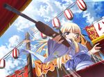  1girl blonde_hair blue_eyes game_cg hime_to_majin_to_koi_suru_tamashii_(game) one_eye_closed weapon wink 