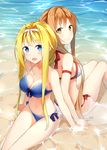  2girls :d alice_schuberg asuna_(sao) back-to-back bare_arms bare_legs bare_shoulders beach bikini blonde_hair blue_bikini blue_eyes blush braid breasts brown_hair cleavage collarbone day from_above hands_on_floor highres in_water knees_up long_hair looking_at_viewer looking_back medium_breasts multiple_girls navel ocean open_mouth orange_eyes outdoors red_bikini side-tie_bikini sitting smile stomach swimsuit sword_art_online 