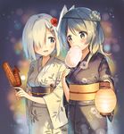  absurdres blue_eyes blue_hair blurry blush bokeh breasts corn cotton_candy depth_of_field double_bun eating flower food hair_flower hair_ornament hair_over_one_eye hairclip hamakaze_(kantai_collection) highres ikayaki japanese_clothes kantai_collection kimono lantern looking_at_another looking_to_the_side mask mask_on_head medium_breasts multiple_girls obi open_mouth paper_lantern sash short_hair silver_hair squid urakaze_(kantai_collection) wide_sleeves yukata zuho_(vega) 
