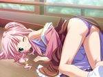  1girl ass blue_eyes blush clenched_teeth clothes crotch game_cg hair_ornament hair_ribbon hime_to_majin_to_koi_suru_tamashii_(game) indoors looking_at_viewer on_floor one_eye_closed panties pantyshot pink_hair purple_panties solo teeth thighs top-down_bottom-up twintails wink 