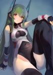  1girl arm_support bangs bare_shoulders black_legwear black_leotard breasts closed_mouth commentary_request elbow_gloves eyebrows_visible_through_hair fingerless_gloves gloves green_hair headgear highleg highleg_leotard highres knee_up leotard long_hair looking_at_viewer medium_breasts menou_kaname original purple_eyes shiny shiny_hair sidelocks simple_background sitting skin_tight sleeveless solo sweat sweatdrop taishi_(picchiridou) thighhighs thighs turtleneck 