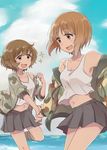  akiyama_yukari brown_eyes brown_hair camouflage camouflage_jacket girls_und_panzer highres midriff military_jacket monsieur multiple_girls navel nishizumi_miho pleated_skirt short_hair skirt sparkle tank_top water 