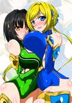  2girls banpresto bare_shoulders black_hair blonde_hair blue_eyes blush breast_press breast_suppress breasts gloves large_breasts long_hair melua_melna_meia multiple_girls short_hair smile super_robot_wars super_robot_wars_judgement super_robot_wars_original_generation thighhighs twintails yellow_eyes 